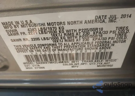2015 Mitsubishi Outlander Sport Es from USA, damaged, VIN 4A4AR3AU7FE001406